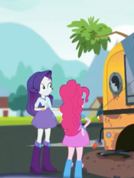 Size: 1536x2048 | Tagged: safe, imported from derpibooru, screencap, pinkie pie, rarity, eqg summertime shorts, equestria girls, get the show on the road, boots, bus, duo, female, geode of shielding, hand on hip, magical geodes, necklace, rear view, school bus, shoes, the rainbooms tour bus