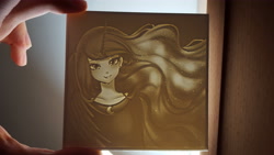 Size: 5312x2988 | Tagged: safe, artist:racoonsan, imported from derpibooru, princess luna, human, 3d print, galaxy mane, horned humanization, humanized, irl, lithophane, looking at you, makeup, monochrome, photo, smiling, solo, winged humanization, wings