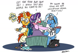 Size: 2401x1620 | Tagged: safe, artist:bobthedalek, imported from derpibooru, starlight glimmer, sunburst, trixie, pony, unicorn, bag, bed, bipedal, blushing, caring for the sick, clothes, cold, cup, dialogue, doctor, eyes closed, female, food, levitation, magic, male, mare, open mouth, pointing, rectal thermometer, red nosed, sick, simple background, stallion, tea, teacup, teapot, telekinesis, thermometer, tissue, tissue box, trio, white background