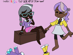 Size: 1024x768 | Tagged: safe, alternate version, artist:icey-wicey-1517, artist:icicle-wicicle-1517, artist:sanjixxzoro, imported from derpibooru, diamond tiara, silver spoon, human, equestria girls, adorabullies, boots, bracelet, clothes, collaboration, colored, compression shorts, cute, dark skin, duo, eyes closed, feet, glasses, humanized, jewelry, necklace, pink background, shoes, simple background, sketch, skirt, tickling