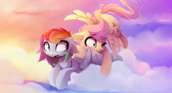 Size: 2480x1347 | Tagged: safe, artist:magnaluna, imported from derpibooru, fluttershy, rainbow dash, pegasus, pony, blushing, cloud, crash, cute, female, floppy ears, flutterdash, flying, lesbian, mare, one eye closed, shipping, sun, wallpaper, wavy mouth