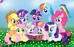 Size: 2000x1270 | Tagged: safe, artist:liniitadash23, imported from derpibooru, applejack, coconut cream, fluttershy, pinkie pie, rainbow dash, rarity, starlight glimmer, toola roola, twilight sparkle, alicorn, earth pony, pony, unicorn, fame and misfortune, book, female, filly, flower, flying, freckles, friendship journal, hat, levitation, magic, mane six, mare, open mouth, reading, show accurate, stetson, telekinesis, twilight sparkle (alicorn)