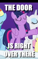 Size: 400x610 | Tagged: safe, imported from derpibooru, fluttershy, rainbow dash, rarity, twilight sparkle, alicorn, pegasus, pony, unicorn, eyes closed, flawless, gtfo, image macro, meme, pointing, smiling, solo focus, twilight sparkle (alicorn)