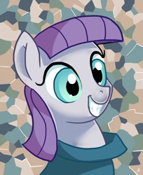 Size: 808x988 | Tagged: safe, artist:docwario, imported from derpibooru, maud pie, earth pony, pony, bust, female, grin, irrational exuberance, out of character, portrait, smiling, solo, when she smiles