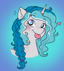 Size: 2013x2228 | Tagged: safe, artist:askbubblelee, imported from derpibooru, oc, oc only, oc:bubble lee, oc:imago, pony, unicorn, body freckles, cute, female, freckles, heart, mare, ocbetes, smiling, solo, style emulation, tongue out