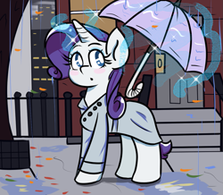 Size: 1105x963 | Tagged: safe, artist:tranzmuteproductions, imported from derpibooru, rarity, pony, female, magic, manehattan, solo, telekinesis, umbrella