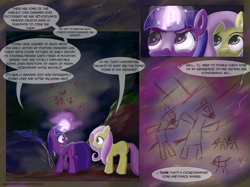 Size: 1707x1280 | Tagged: safe, artist:halflingpony, imported from derpibooru, fluttershy, twilight sparkle, alicorn, pony, archaeology, atg 2017, cave, cave painting, comic, dancing, glowing horn, magic, newbie artist training grounds, singing