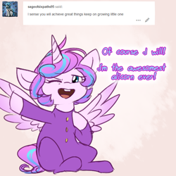 Size: 720x720 | Tagged: safe, artist:cosmalumi, artist:its-gloomy, imported from derpibooru, princess flurry heart, alicorn, pony, ask, clothes, cute, dialogue, flurrybetes, flurryheart-babbles, looking at you, one eye closed, open mouth, pajamas, simple background, solo, spread wings, tumblr, wings