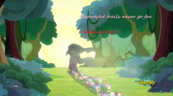 Size: 1600x898 | Tagged: safe, artist:meiyeezhu, imported from derpibooru, screencap, mistmane, pony, campfire tales, discovery family logo, female, flower, forest, proverb, solo, wisdom