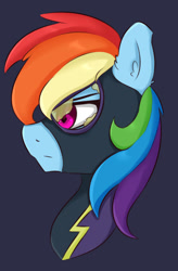 Size: 607x924 | Tagged: safe, artist:tavifly, imported from derpibooru, rainbow dash, pony, broken goggles, bust, clothes, costume, dark side, female, goggles, portrait, shadowbolt dash, shadowbolts costume, solo