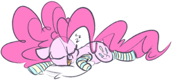 Size: 2037x947 | Tagged: safe, artist:hattsy, imported from derpibooru, pinkie pie, earth pony, pony, clothes, female, pillow, simple background, sketch, sleeping, socks, solo, striped socks, tongue out, white background, zzz