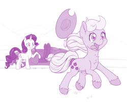 Size: 1000x798 | Tagged: safe, artist:dstears, imported from derpibooru, applejack, rarity, earth pony, pony, unicorn, atg 2017, behaving like a dog, car, chest fluff, cowboy hat, crying, duo, female, hat, mare, monochrome, newbie artist training grounds, purple, silly, silly pony, tongue out, unshorn fetlocks, who's a silly pony