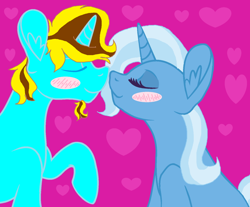 Size: 1024x846 | Tagged: safe, artist:princess-kitsune-tsu, artist:thatonecrazyartist18, imported from derpibooru, trixie, oc, pony, unicorn, blush sticker, blushing, boop, canon x oc, eyes closed, female, male, noseboop, shipping, straight