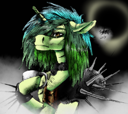 Size: 2734x2455 | Tagged: safe, artist:brainiac, imported from derpibooru, oc, oc only, oc:piper, pony, coffee cup, cup, eclipse, floppy ears, raider armor, scar, solo, spiked armor, spikes