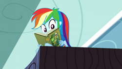 Size: 1920x1080 | Tagged: safe, imported from derpibooru, screencap, daring do, rainbow dash, eqg summertime shorts, equestria girls, leaping off the page, book, female, reading rainboom, solo