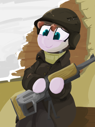 Size: 1512x2016 | Tagged: dead source, safe, artist:coatieyay, artist:dimfann, imported from derpibooru, oc, oc only, pony, clothes, coat, dimfann's war universe, gun, helmet, hoof hold, military, military uniform, sitting, smiling, snow, solo, weapon