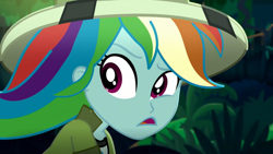 Size: 1920x1080 | Tagged: safe, imported from derpibooru, screencap, rainbow dash, eqg summertime shorts, equestria girls, leaping off the page, close-up, faic, female, hat, pith helmet, solo