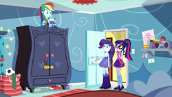 Size: 1920x1080 | Tagged: safe, imported from derpibooru, screencap, rainbow dash, rarity, sci-twi, twilight sparkle, eqg summertime shorts, equestria girls, leaping off the page, book, bookshelf, boots, bowtie, christmas lights, clothes, compression shorts, cup, dresser, female, football, glasses, mary janes, ponytail, rainbow dash's bedroom, rainbow dash's house, shoes, skirt, socks