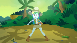 Size: 1920x1080 | Tagged: safe, imported from derpibooru, screencap, rainbow dash, eqg summertime shorts, equestria girls, leaping off the page, belt, boots, clothes, crown, female, hat, jewelry, legs, midriff, pith helmet, regalia, shoes, short shirt, skirt, solo