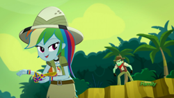 Size: 1920x1080 | Tagged: safe, imported from derpibooru, screencap, rainbow dash, slingshot (character), slingshot (g4), eqg summertime shorts, equestria girls, leaping off the page, angry, clothes, crown, female, hat, jewelry, midriff, pith helmet, regalia, short shirt, skirt