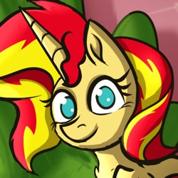 Size: 500x500 | Tagged: safe, artist:calena, derpibooru exclusive, edit, imported from derpibooru, sunset shimmer, pony, unicorn, avatar, female, happy, horn, looking at you, meme, profile, solo, stare