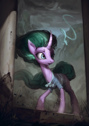 Size: 850x1200 | Tagged: safe, artist:assasinmonkey, imported from derpibooru, mistmane, dragon, pony, unicorn, campfire tales, clothes, digital painting, female, mare, open mouth