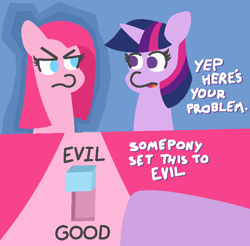 Size: 691x679 | Tagged: safe, artist:threetwotwo32232, imported from derpibooru, pinkie pie, twilight sparkle, earth pony, pony, unicorn, clown without pity, comic, dialogue, duo, looking at each other, newbie artist training grounds, parody, pinkamena diane pie, simpsons did it, switch, the simpsons, treehouse of horror, treehouse of horror iii