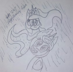 Size: 1420x1405 | Tagged: safe, artist:derpanater, imported from derpibooru, princess celestia, princess luna, pony, 30 minute art challenge, crown, eclipse, jewelry, regalia, silly, solar eclipse, traditional art