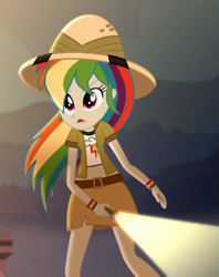 Size: 673x851 | Tagged: safe, imported from derpibooru, screencap, eqg summertime shorts, equestria girls, leaping off the page, clothes, cropped, female, flashlight (object), hat, midriff, pith helmet, short shirt, skirt, solo