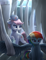 Size: 773x1000 | Tagged: safe, artist:vanillaghosties, imported from derpibooru, nurse redheart, rainbow dash, earth pony, pegasus, pony, atg 2017, female, mare, mouth hold, newbie artist training grounds, old cutie mark, syringe