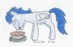 Size: 1199x767 | Tagged: safe, artist:zonesystem, imported from derpibooru, soarin', pegasus, pony, atg 2017, food, male, newbie artist training grounds, pie, signature, solo, stallion, that pony sure does love pies, traditional art