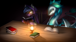 Size: 4500x2516 | Tagged: safe, artist:scarlet-spectrum, imported from derpibooru, oc, oc only, oc:noxavian, oc:yaretzi, bat pony, dragon, candle, wyrm