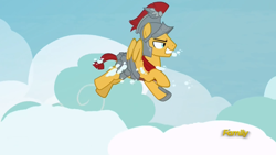 Size: 1366x768 | Tagged: safe, imported from derpibooru, screencap, flash magnus, pegasus, pony, campfire tales, cloud, flash magnus savior of the universe, flying, male, royal legion, shit eating grin, sky, stallion