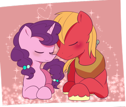 Size: 800x683 | Tagged: safe, artist:puetsua, imported from derpibooru, big macintosh, sugar belle, earth pony, pony, unicorn, eyes closed, female, heart, male, mare, prone, shipping, smiling, stallion, straight, sugarmac