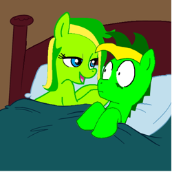 Size: 502x502 | Tagged: safe, artist:didgereethebrony, artist:madmax, imported from derpibooru, oc, oc only, oc:boomerang beauty, oc:didgeree, pony, aftersex ponies, boomeree, morning after, needs more saturation, pillow, self paradox, surprised, wide eyes