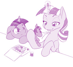 Size: 1000x919 | Tagged: safe, artist:dstears, imported from derpibooru, smarty pants, twilight sparkle, twilight velvet, pony, unicorn, atg 2017, cute, female, filly, filly twilight sparkle, glowing horn, mare, mother and daughter, newbie artist training grounds, repairing, sewing, sewing needle, simple background, smiling, thimble, twiabetes, younger