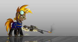 Size: 2500x1363 | Tagged: safe, artist:duskie-06, imported from derpibooru, oc, oc only, oc:golden gear, pony, unicorn, clothes, commission, crying, female, glowing horn, goggles, gun, hooves, horn, levitation, magic, mare, optical sight, overalls, reflection, rifle, simple background, smoke, sniper rifle, solo, teeth, telekinesis, weapon