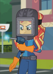 Size: 775x1080 | Tagged: safe, imported from derpibooru, screencap, sunset shimmer, eqg summertime shorts, equestria girls, get the show on the road, female, solo, sunset welder, welding, welding mask