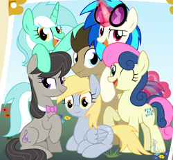 Size: 5094x4700 | Tagged: safe, artist:yaaaco, artist:yaco, imported from derpibooru, bon bon, derpy hooves, dj pon-3, doctor whooves, lyra heartstrings, octavia melody, sweetie drops, time turner, vinyl scratch, earth pony, pegasus, pony, unicorn, absurd resolution, background six, female, group, looking at you, male, mane six opening poses, mare, prone, smiling, stallion