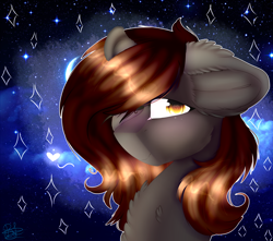 Size: 3392x3000 | Tagged: safe, artist:doux-ameri, imported from derpibooru, oc, oc only, oc:windy shift, earth pony, pony, bust, female, floppy ears, hair over one eye, high res, mare, portrait, solo, space