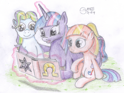 Size: 2000x1504 | Tagged: safe, artist:s-guide, imported from derpibooru, coconut cream, toola roola, twilight sparkle, alicorn, pony, atg 2017, book, magic, newbie artist training grounds, reading, telekinesis, traditional art, trio, twilight sparkle (alicorn)