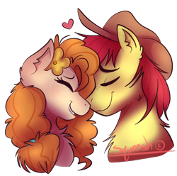 Size: 1840x1827 | Tagged: safe, artist:squeeesh, imported from derpibooru, bright mac, pear butter, earth pony, pony, the perfect pear, boop, brightbutter, bust, chest fluff, cute, ear fluff, eyes closed, female, flower, flower in hair, fluffy, heart, male, mare, noseboop, pearabetes, portrait, profile, shipping, simple background, smiling, stallion, straight, transparent background