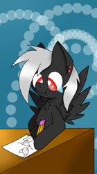 Size: 746x1328 | Tagged: safe, artist:luriel maelstrom, imported from derpibooru, oc, oc only, oc:luriel maelstrom, pegasus, pony, :t, abstract background, chest fluff, crying, drawing, female, hoof hold, mare, piercing, scrunchy face, spread wings, table, teary eyes, wings