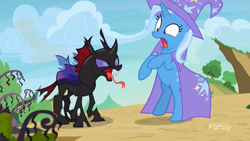 Size: 1366x768 | Tagged: safe, imported from derpibooru, screencap, pharynx, trixie, changeling, pony, unicorn, to change a changeling, scared, tongue out