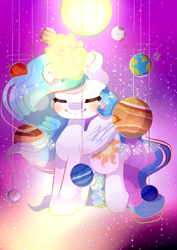 Size: 1240x1748 | Tagged: safe, artist:cometsparke, imported from derpibooru, princess celestia, celestial mechanics, chibi, eyes closed, female, glowing horn, planet, smiling, solar system, solo, stars, sun
