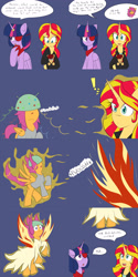 Size: 1600x3200 | Tagged: safe, artist:jake heritagu, imported from derpibooru, scootaloo, sunset shimmer, twilight sparkle, twilight sparkle (alicorn), oc, oc:lightning blitz, alicorn, pegasus, pony, comic:ask motherly scootaloo, equestria girls, aura, baby, baby pony, blue background, clothes, colt, comic, daydream shimmer, dress, equestria girls outfit, eyepatch, fiery wings, fire, holding a pony, magic theft, male, motherly scootaloo, offspring, older, older scootaloo, parent:rain catcher, parent:scootaloo, parents:catcherloo, ring, simple background, sweatshirt, wedding ring