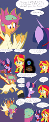 Size: 1600x4000 | Tagged: safe, artist:jake heritagu, imported from derpibooru, scootaloo, sunset shimmer, twilight sparkle, twilight sparkle (alicorn), alicorn, pony, comic:ask motherly scootaloo, equestria girls, aura, clothes, comic, daydream shimmer, dress, eyepatch, fiery wings, fire, motherly scootaloo, planet, ring, sweatshirt, tartarus, wedding ring