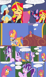 Size: 2400x4000 | Tagged: safe, artist:jake heritagu, imported from derpibooru, scootaloo, starlight glimmer, sunset shimmer, twilight sparkle, twilight sparkle (alicorn), oc, oc:lightning blitz, alicorn, pegasus, pony, comic:ask motherly scootaloo, equestria girls, baby, baby carrier, baby pony, bars, cell, clothes, coat, colt, comic, dialogue, eyepatch, female, hairpin, hat, holding a pony, horn ring, magic suppression, male, mother and son, motherly scootaloo, no you, offspring, older, older scootaloo, parent:rain catcher, parent:scootaloo, parents:catcherloo, ring, scarf, smug, smuglight glimmer, speech bubble, sweater, sweatshirt, wedding ring