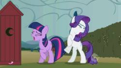 Size: 1920x1072 | Tagged: safe, edit, edited screencap, imported from derpibooru, screencap, fluttershy, rarity, twilight sparkle, earth pony, pony, the return of harmony, animated, desperation, earth pony rarity, earth pony twilight, eyes closed, female, gif, hoofy-kicks, hub logo, mare, missing horn, need to pee, omorashi, open mouth, outhouse, potty dance, potty emergency, potty time, race swap, rearing, trotting in place