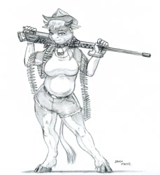 Size: 1100x1203 | Tagged: safe, artist:baron engel, imported from derpibooru, oc, oc only, oc:charlotte meadows, anthro, cow, unguligrade anthro, anthro oc, breasts, browning m2, clothes, cloven hooves, female, floppy ears, grayscale, gun, m2 browning, machine gun, monochrome, non-pony oc, shorts, simple background, sketch, solo, traditional art, weapon, white background